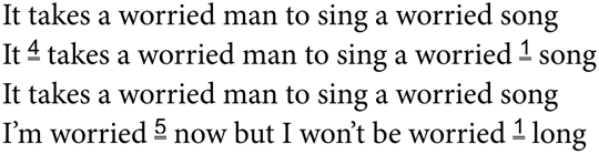 It takes a worried man to sing a worried song (x3) / I'm worried now, but I won't be worried long.